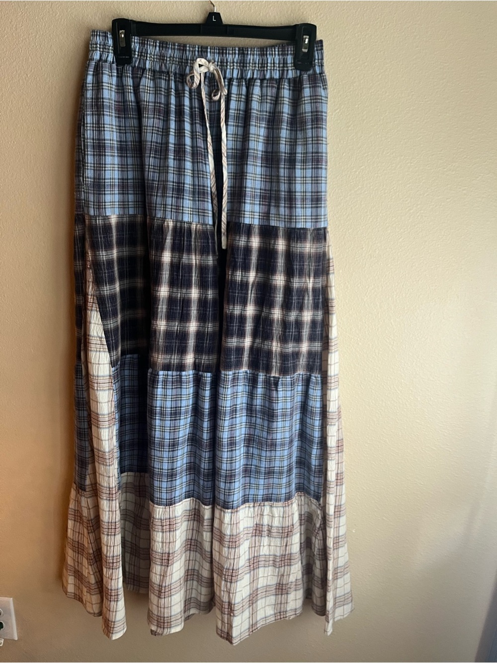 Tiered Wide-Leg Pants in Blue and Cream Plaid